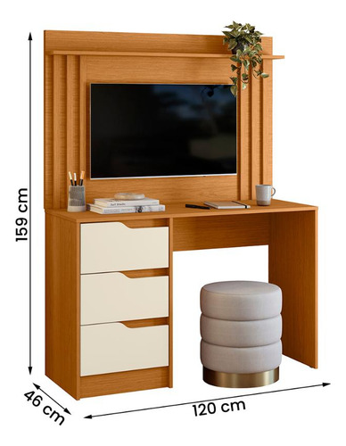 Escrivaninha Com Painel Doble Ripado 120cm 3 Gavetas