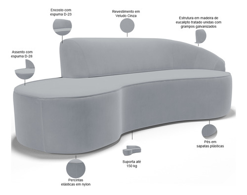 Sofá 3 Lugares Curvo Firenze Direito Veludo Cinza 230cm C317