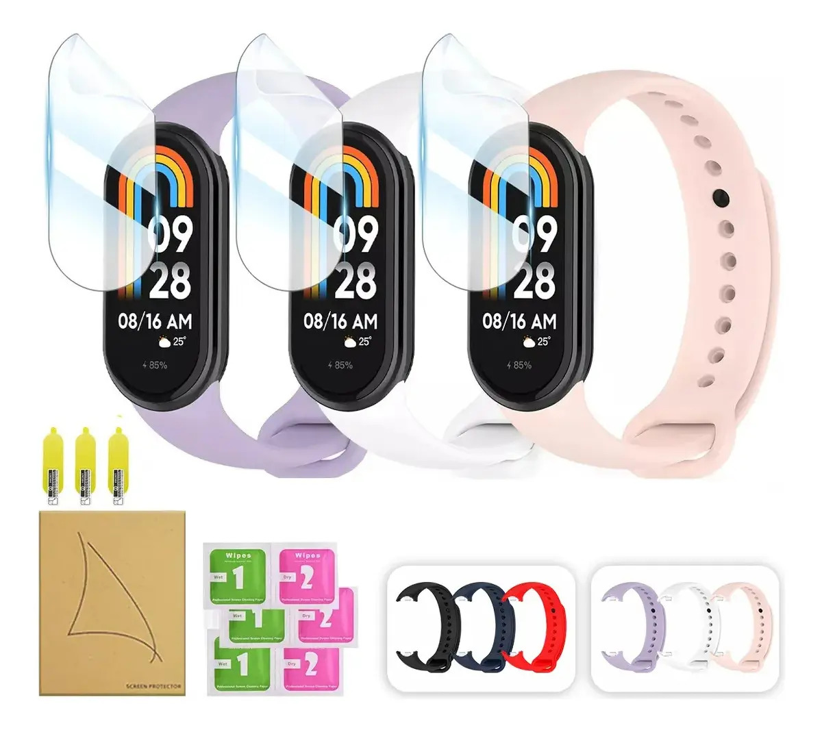 Imagen de Joreild 3pzs Correa De Silicón Para Xiaomi Smart Band 9 8 +3 Micas.rosa/blanco/púrpura