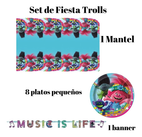 Set De Fiesta Trolls Music Life Platos Mantel Banner Decorac