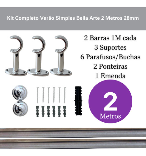 Kit Varão Cortina Simples Grosso 2 Metros Cromado 28mm
