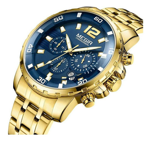 Relógio Masculino Dourado Megir Cronógrafo Inox Social Azul