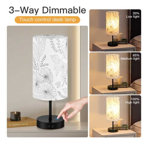 Lámpara De Noche Cinsary Touch Control Con 2 Puertos Usb, 3