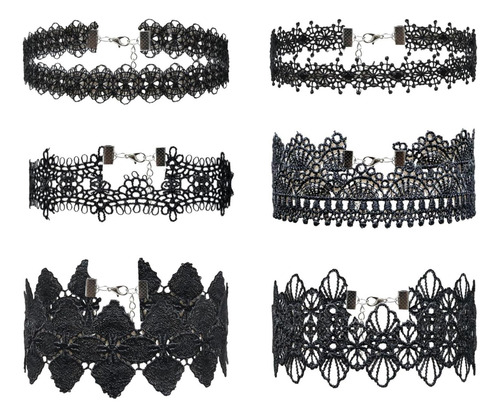 Honbay 6pcs Gargantilla De Encaje Retro Negro Collar De Enca