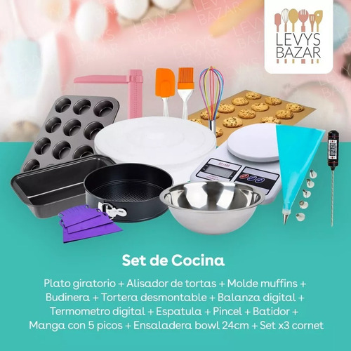 Kit Pasteleria Set Repostería Completo Plato Giratorio Molde Antiadherentes Ensaladera Bowl Silicona Termometro Espatulas