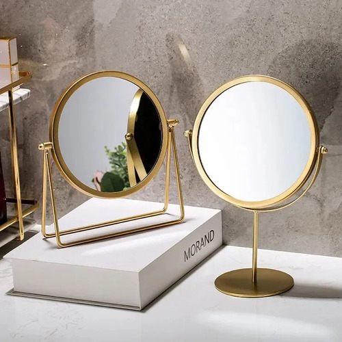 2 Espelhos Redondos Modernos Blogueirinha Maquiagem Dupla Face 360 Premium Gold Ouro Base Reforçada
