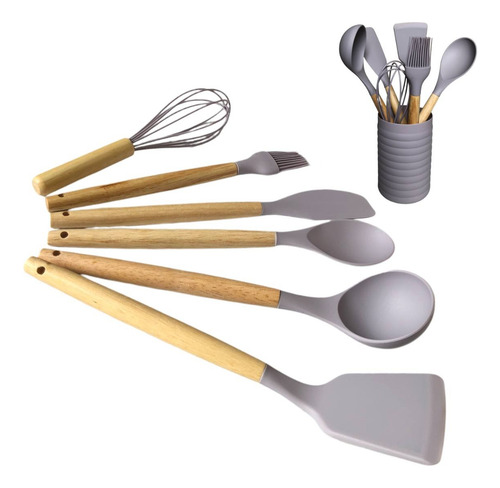 Kit Utensílios De Cozinha Em Silicone Com Cesto - 7 Peças
