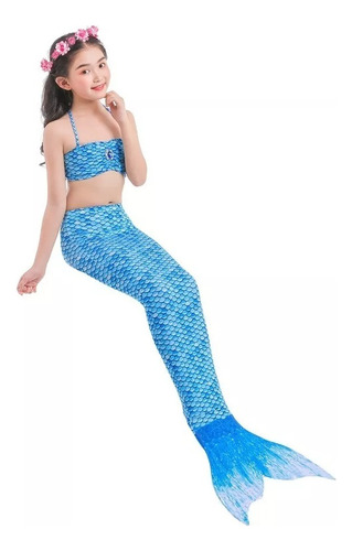 Traje De Baño Niña 3 Piezas Cola Sirena 130-150 Azul