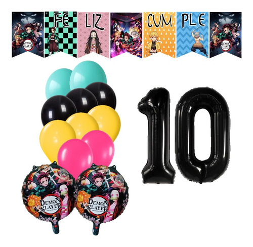 Pack De Globos Demon Slayer + Banderín + Números 70cm 