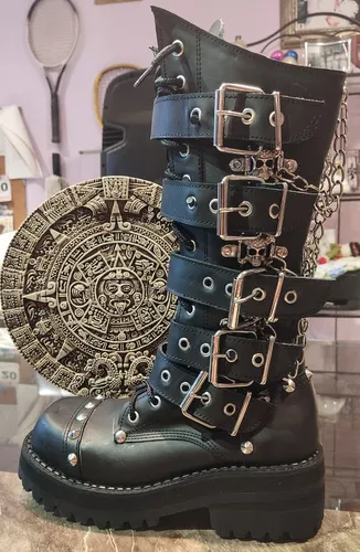 Botas Góticas De Piel Negras Cadenas Metal Hombre Mujer