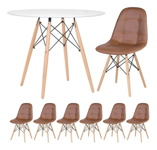 Kit Mesa Jantar Eames 90 Cm E 6 Cadeiras Estofada Botone Cor Mesa Branco Com Cadeiras Marrom