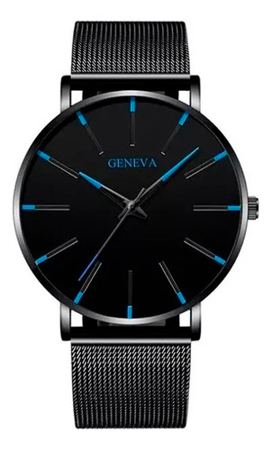 Reloj Para Hombre Ultra Delgado Negro Con Agujas Azules