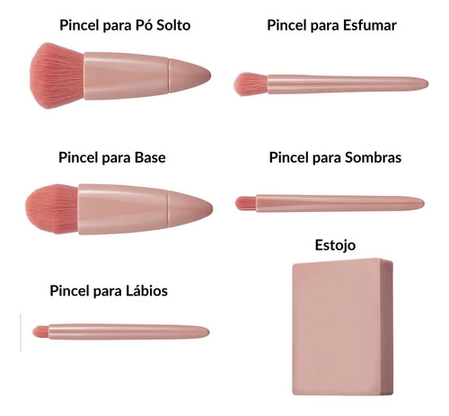 Mini Brush Kit 5 Pinceis com Espelho Portátil Nécessaire Viagem Cor Rosa