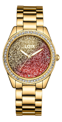 Reloj Loix Mujer L1215-2 Dorado Con Tablero Rojo Y Dorado
