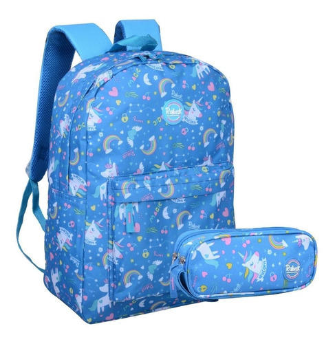 Kit Escolar Juvenil Unicórnio Mochila  + Estojo Duplo Cor Azul