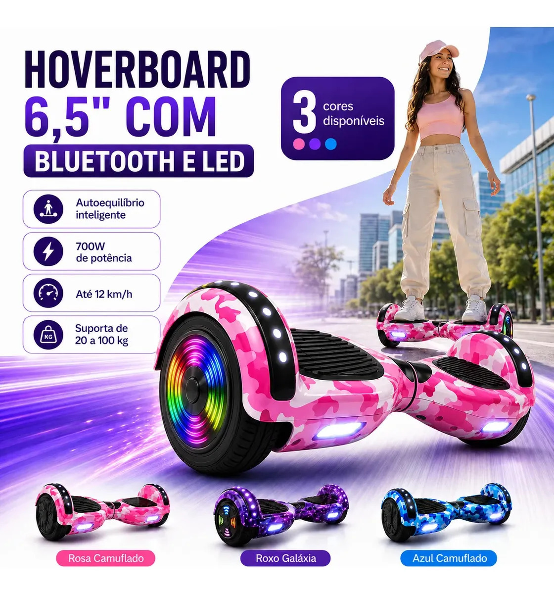 Skate elétrico hoverboard Cybertruck Skate Elétrico Hover Board Rosa camuflado 6.5"