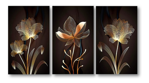 Cuadros Decorativos 90x50 Cms  Tripticos  Floral  Dorado