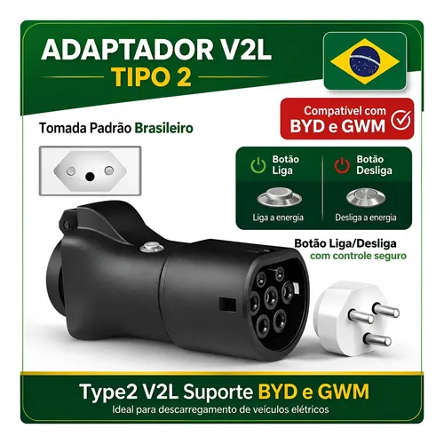 Adaptador Descarregador V2l Tipo 2 Byd Dolphin Gwm Eletrico