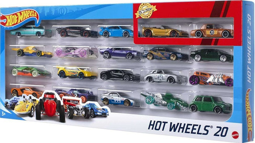 Pacote de veículo de brinquedo Hot Wheels Die Cast Basics com 20 carros em escala 1:64 com decorações clássicas e designs incríveis para crianças de 3 anos ou mais