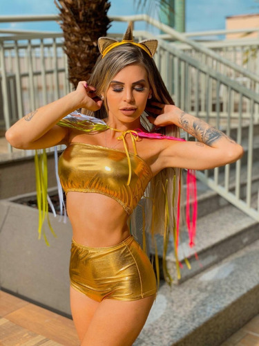 Conjunto Cropped Hotpant Fantasia Carnaval 2019 Anitta Neon