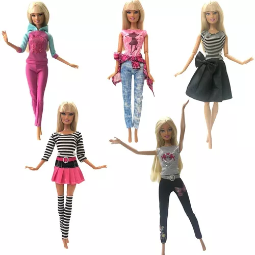 Kit Atacado 5 Casual Roupas + 5 Sapatos P/ Boneca Barbie