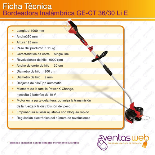Imagen 5 de 7 de Bordeadora Inalambrica 9000rpm Corte 30cm Einhell 2 Baterias