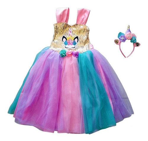 Disfraz Vestido Unicornio Para Niña Vestido Largo Con Diadema Princesa Fiesta