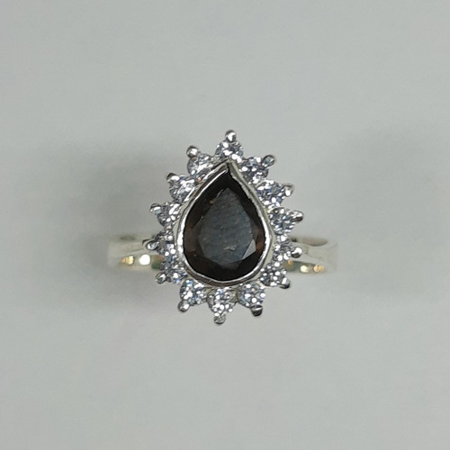 Hermoso Anillo Marquesa En Plata Circón Negro Y Blanco