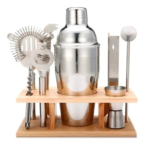 Set Barman Base Madera 9 Piezas Bartender Bar Acero Inox. 