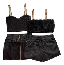 Comprar Conjunto Diva Cropped Paetê+ Cropped Pelúcia+ Short+ Saia