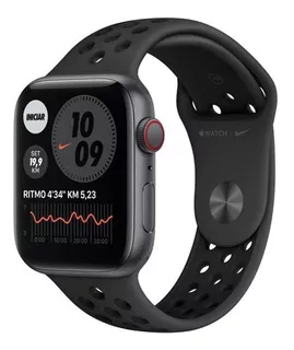Apple Watch Nike SE (GPS + Cellular, 44mm) - Caixa de alumínio cinza-espacial - Pulseira esportiva Nike Cinza-carvão/preto