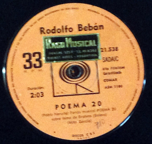 Rodolfo Bebán Poema 20 / No Me Abandones Simple Arg Kktus