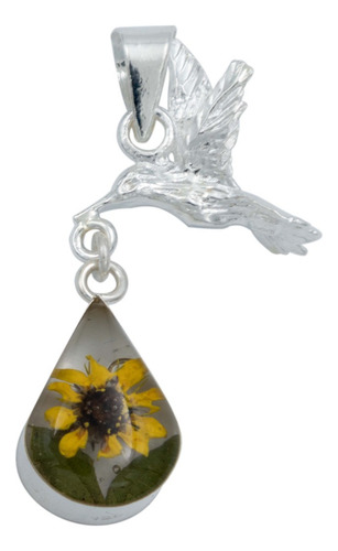 Collar Colibri Girasol Encapsulado Amor Plata 925 Color Lagrima