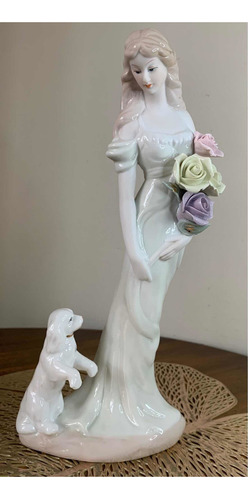 Escultura Dama Mulher Com Cachorro 28cm