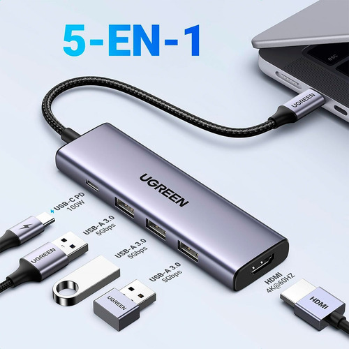 Hub Usb-c 5 En 1 Ugreen 3 Usb-a, 1 Usb-c Y Hdmi 4k/60hz 5gbp