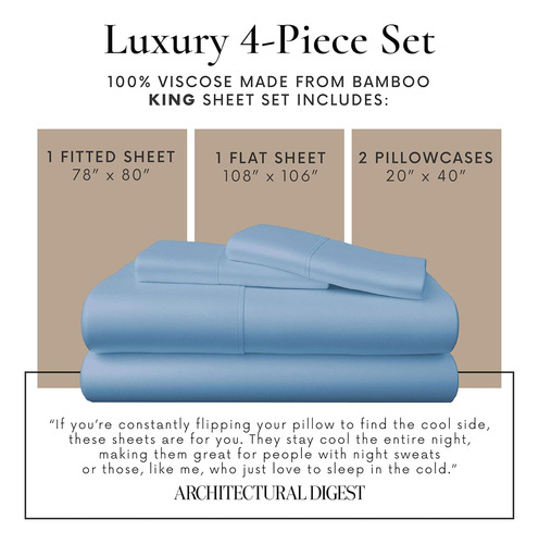 Juego De Sabanas King Size De 4 Piezas Bamboo Bay Azul