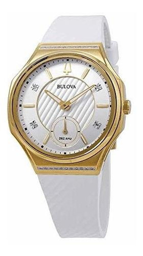 Mujer Bulova Curv Amarillo Tono Dorado Blanco Goma Correa De