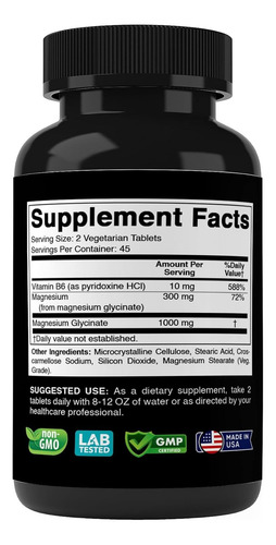 Glicinato De Magnesio Puro 1300mg Quelatado & B6 90tabs #1 Sabor Sin Sabor