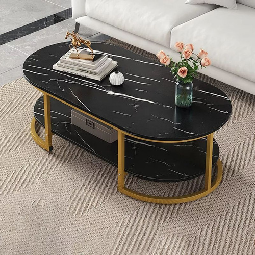 Mesa De Centro Moderno Veteado Doble Capa De Mármol Auxiliar Negro