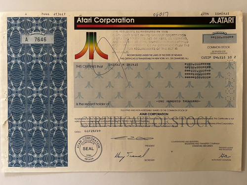 Documento Accionario De Atari Corporation Únicas En M.l. (Usado)