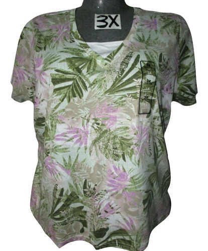 Blusa Verde Con Rosa Casual Estampada Talla 3x (42/44) Basic