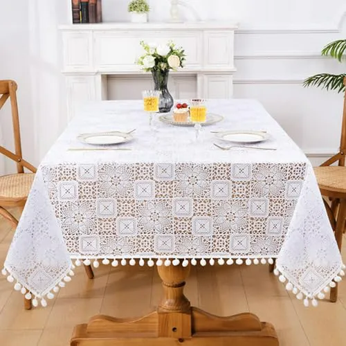 Mantel De Vinilo Blanco Impermeable Con Borlas, 55x55 Pulgad