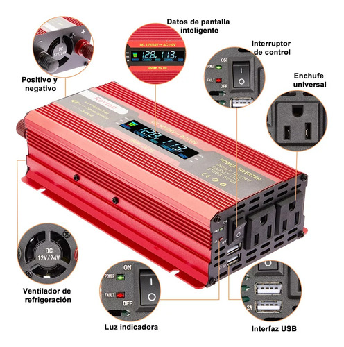 Inversor De Automóvil Rojo Con Luz Led12v/24v-110v-fwd-6000w