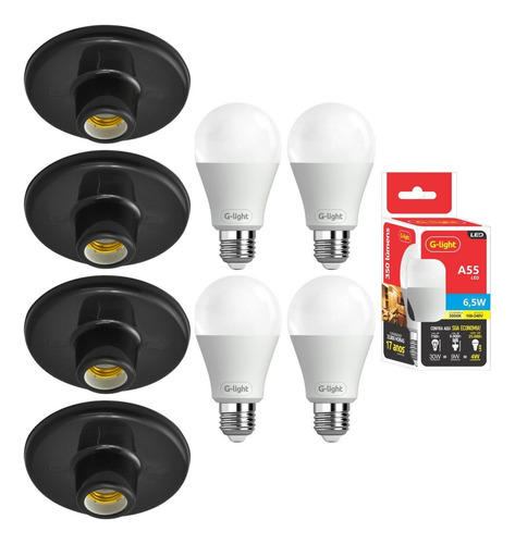 Kit 4 Plafonier Plafon Soquete E27 Preto 4 Lâmpada Led 6,5w