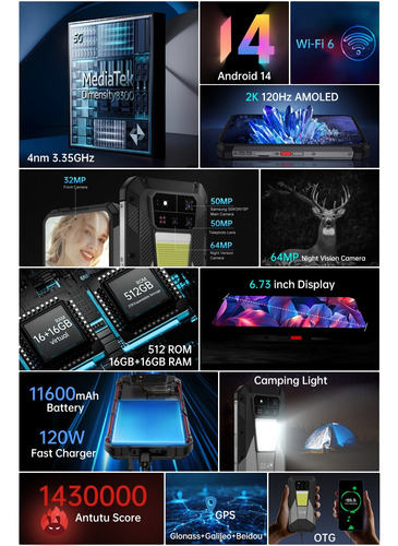 Teléfono Robusto Unihertz Shark 3 De 8849, 32 Gb, 512 Gb, 11600 Mah, 120 W, Cargador De 8300 G