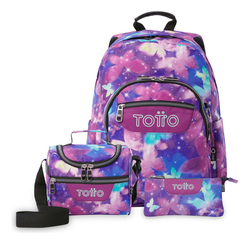 Totto Combo Mochila, Lonchera Y Lapicera - Set Kit Escolar A Mariposas Glitter