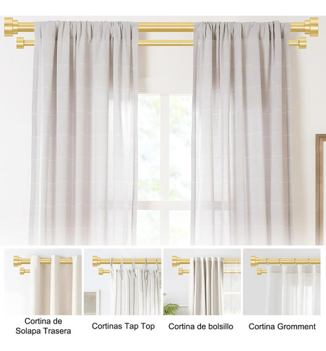 Qianmu Varillas De Cortina Dobles De 1 Pulgada Para Ventanas De 48 A 84 Pulgadas, Barra Decorativa Resistente De 32 A 144 Pulgadas Con Tapa Clásica, Color Dorado