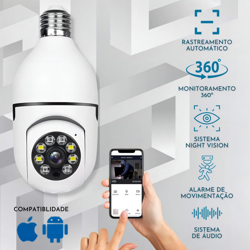 Câmera Discreta Espiã Lâmpada Ip Hd Wifi Sensor Movimento