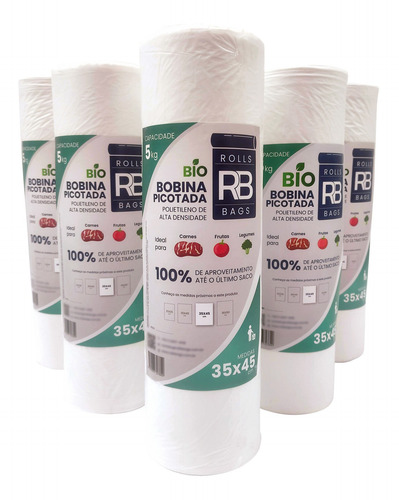 Kit 6 Bobina Plástico Picotado 35x45 Para 5kg Fundo Reto