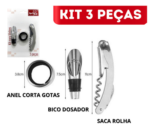 Kit Para Vinho 3 Peças Saca Rolhas Anel Anti Gotas E Bico Arejador